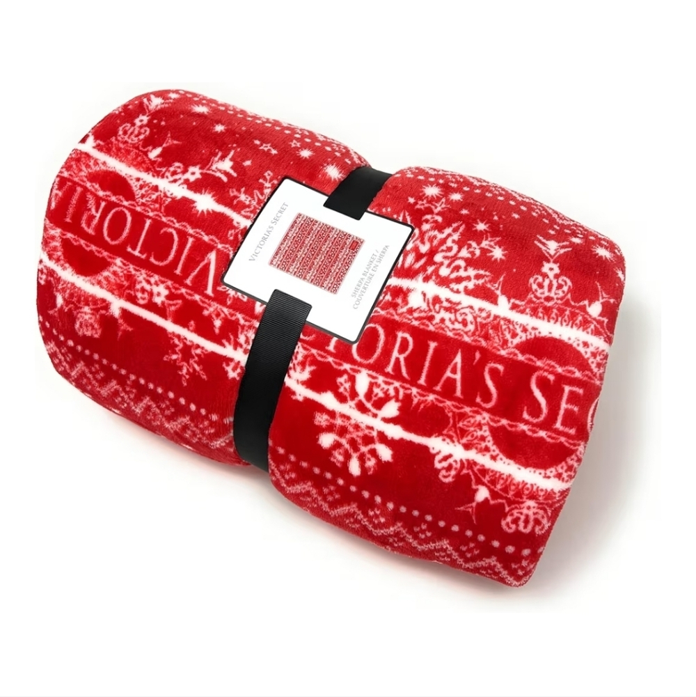 🆕️Victoria's Secret Soft Sherpa Red & White Snowflake Throw Blanket 50" × 60"